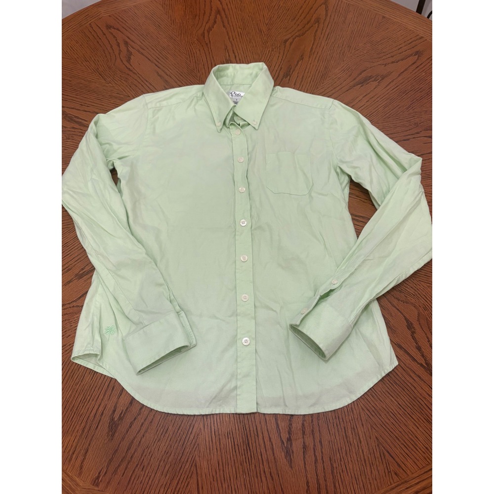 Lilly Pulitzer Button Down Shirt Womens 2 Green Oxford Cotton Palm Tree Logo